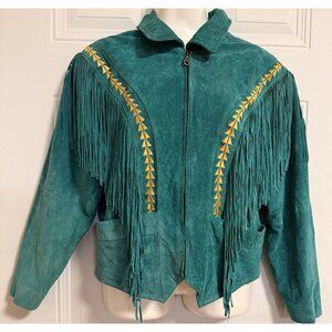 Pioneer Wear Teal Suede Western Jacket SZ Mdm Classic Cowgirl Fringe Gold Glam